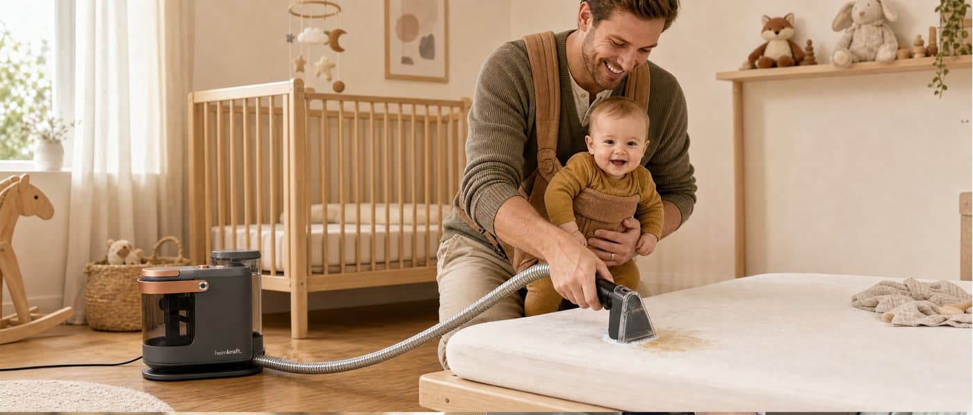 Eine Matratze wird mit dem heimkraft DeepClean S15 gereinigt