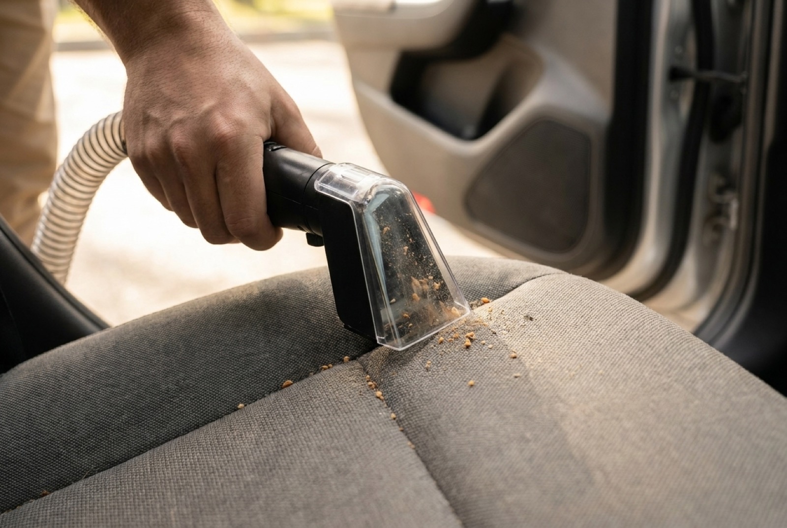 Die Düse saugt Krümel aus der Naht eines Stoff-Autositzes